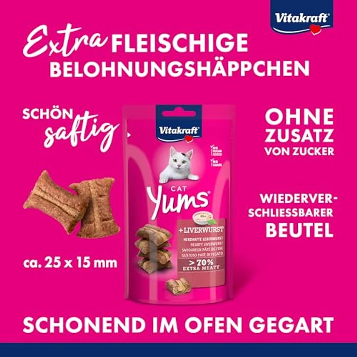 Vitakraft Cat Yums Leberwurst, Sparpaket mit 70% Fleischanteil, 3 x 40 g, ohne Zucker, saftige Konsistenz – Bild 2