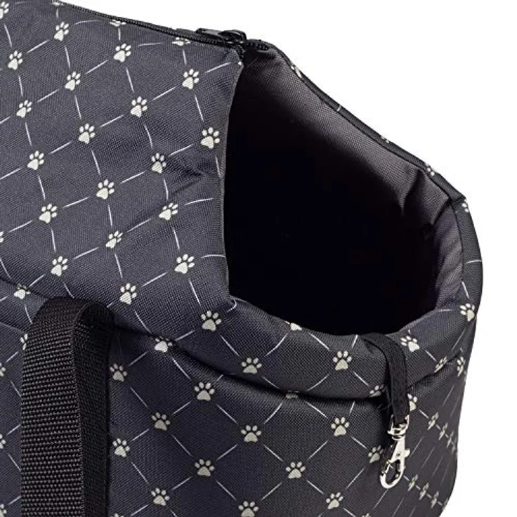 BOUTIQUE ZOO Hundetasche, Welpentasche Schwarz mit Pfotenmuster, tragbar für Hunde bis 5 kg, mit abnehmbarer Holzeinlage und Metallhalsband – Bild 5