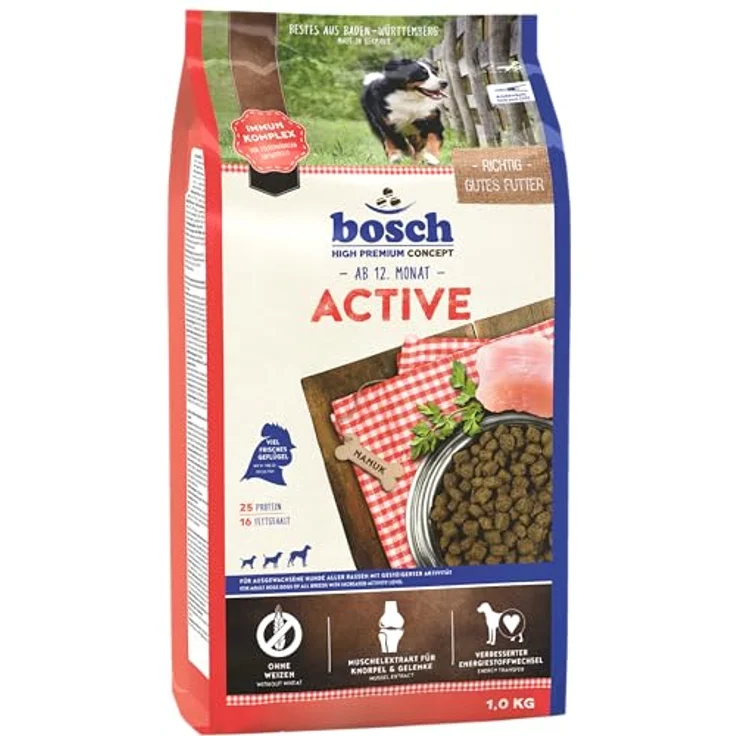 bosch HPC Active, Hundetrockenfutter für aktive, ausgewachsene Hunde aller Rassen, 1 kg, weizenfrei & zuckerfrei, mit 25 % frischem Geflügel, enthält Muschelextrakte & L-Carnitin – Bild 1