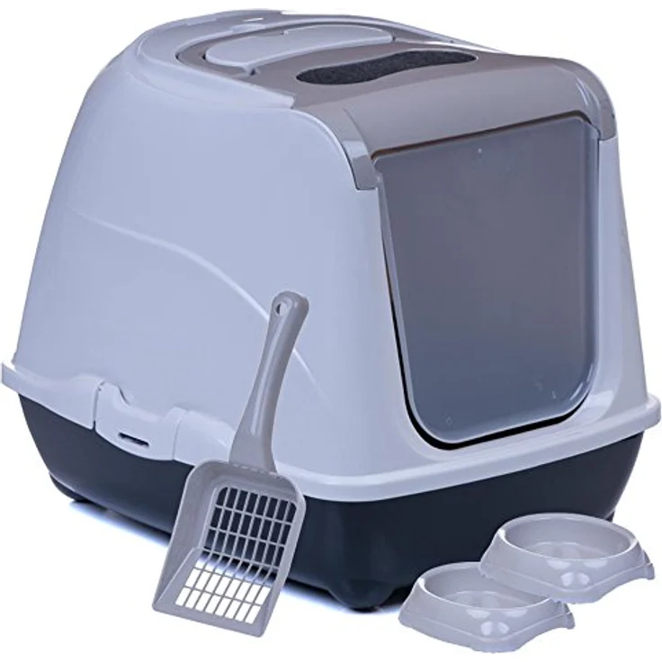 adena Katzentoilette Sondermodell 50, Katzenklo mit Haube, Schaufel und Aktivkohlefilter, graubeige und schwarz – Bild 1