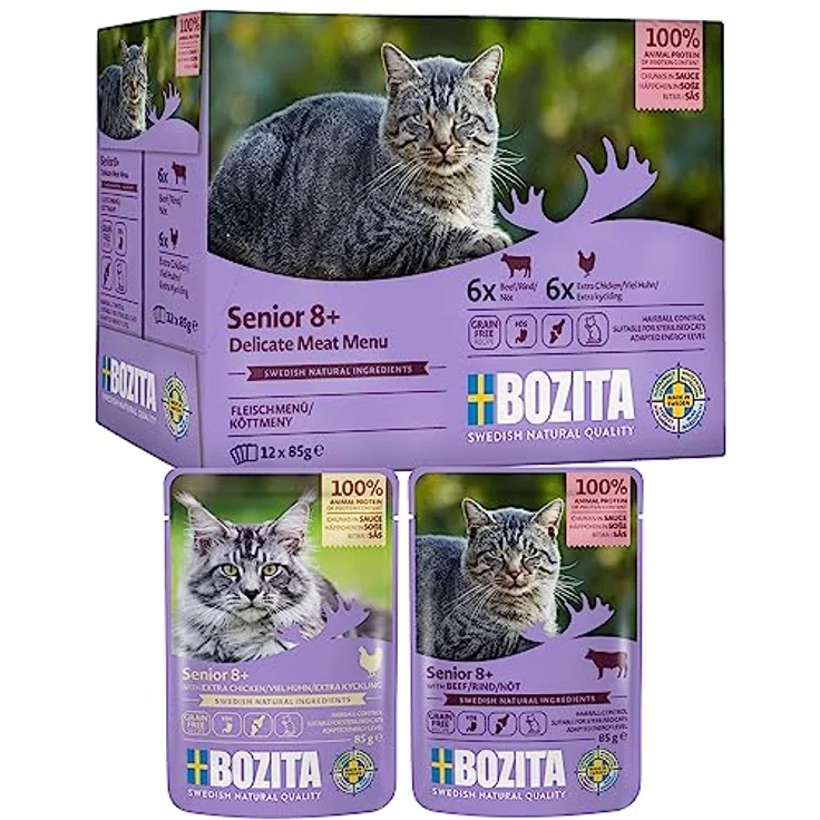 Bozita Pouch Häppchen in Soße Multibox Senior, Katzen-Nassfutter für ältere Katzen ab 8 Jahren, 12x85g (6x Huhn, 6x Rind) – Bild 3