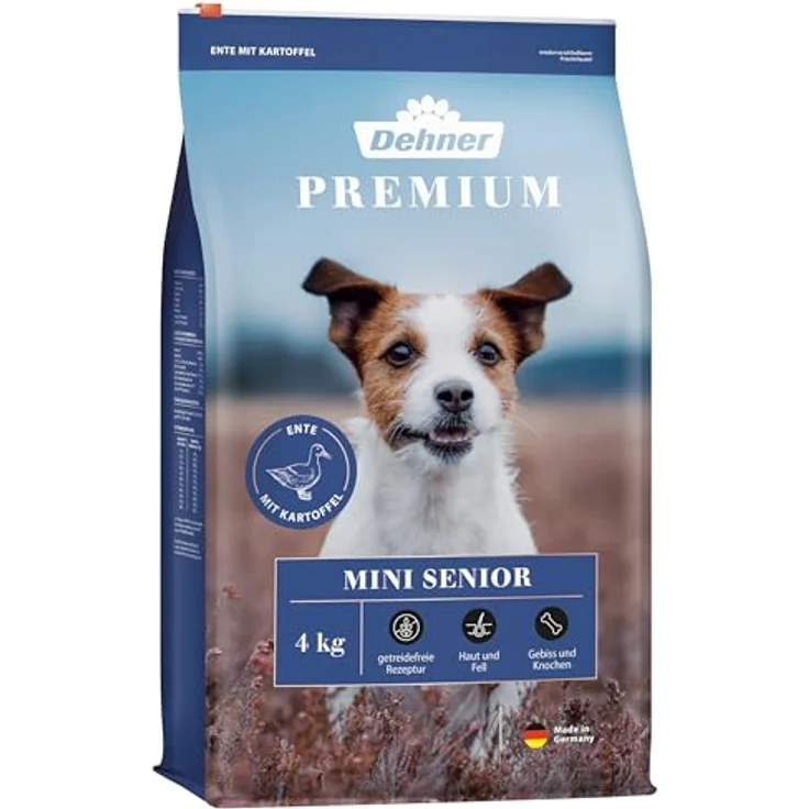 Dehner Premium Hundefutter Senior, getreidefreies Trockenfutter für kleine Rassen, Ente / Lamm / Kartoffel, 4 kg – Bild 1