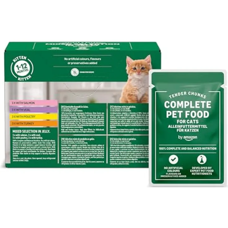 by Amazon Katzenfutter, nass für junge Katzen, gemischte Auswahl in Gelee (3 x Lachs, 3 x Kalb, 3 x Geflügel, 3 x Truthahn), 1.2kg (12 Beutel à 100g)
