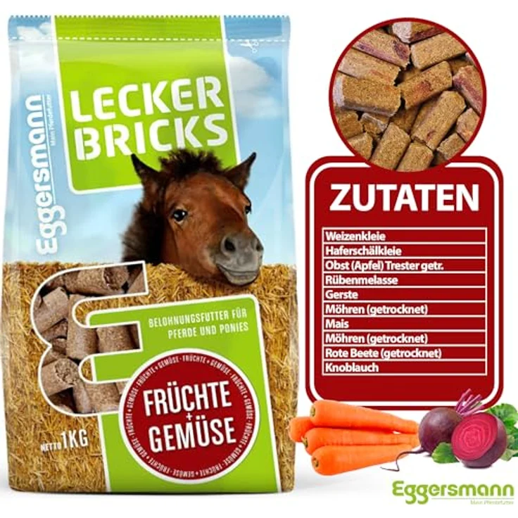 Eggersmann Mein Pferdefutter Lecker Bricks, 1kg Pferde-Leckerlis mit natürlichem Früchte-Gemüse-Geschmack, ideal als Belohnung für Pferde & Ponys, deutsches Pferde-Zubehör – Bild 4