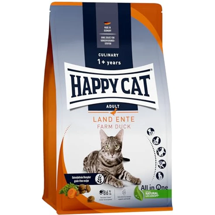 Happy Cat 70566 Culinary Adult Land Ente, getreidefreies Katzen-Trockenfutter für ausgewachsene Katzen, 1,3 kg, mit hochwertiger Land-Ente und Karotte – Bild 1