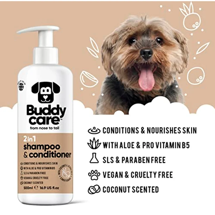 Buddycare 2in1 Hundeshampoo und Conditioner, 500ml, mit Aloe Vera und Pro-Vitamin B5 für alle Hunderassen, vegan, pH-ausgeglichen, Kokosduft – Bild 2