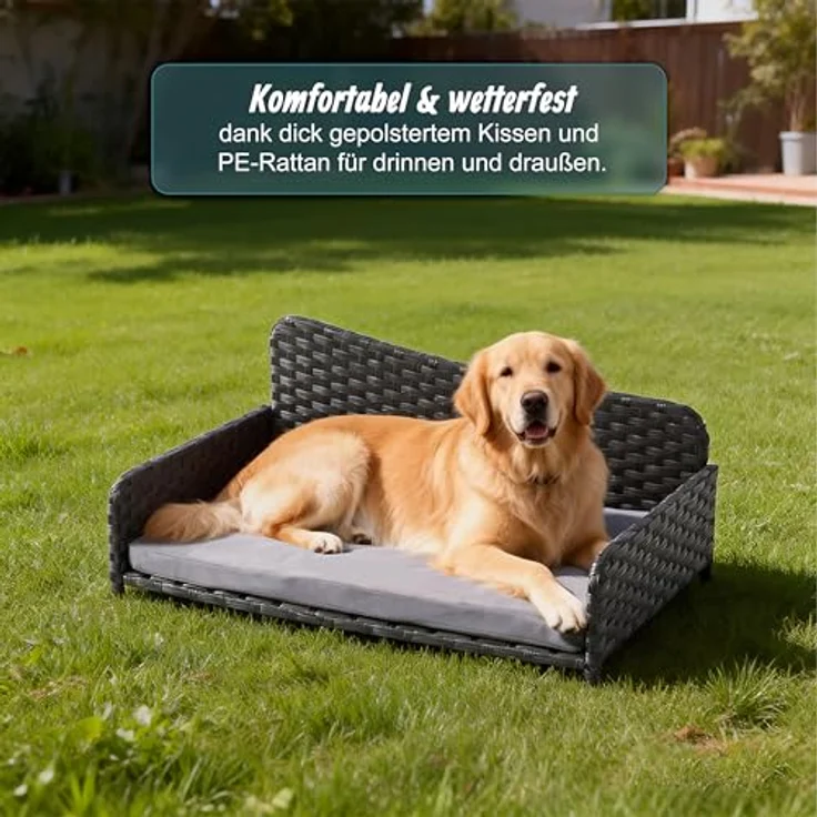 Relaxdays Hundebett Rattan XL, erhöhtes Hundesofa mit abnehmbarem Kissen, wetterfest für Indoor & Outdoor, grau, HBT: 38x87x49 cm – Bild 2