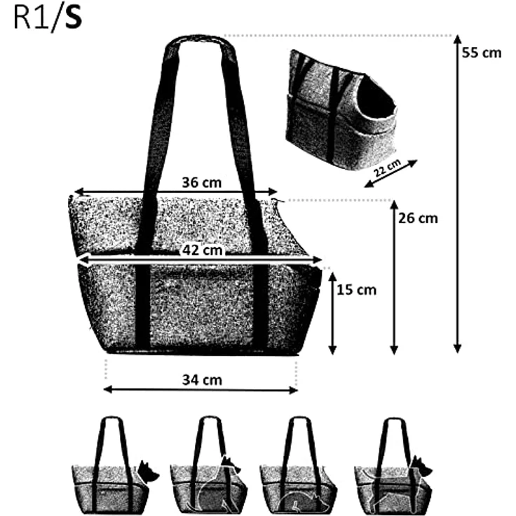 BOUTIQUE ZOO Transporttasche für Hunde und Katzen, Schultertasche mit Gummiband und Karabiner, bis 5 kg, Wildlederimitat - Velvet, Größe S, Grau – Bild 3