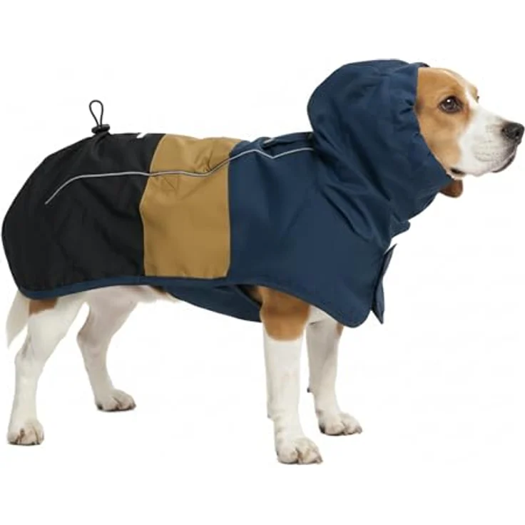 Spark Paws Hunderegenmantel, wasserdicht und winddicht, reflektierender Trockenanzug für Hunde, Ganzkörperabdeckung, Blau/Gold/Schwarz – 2XL – Bild 1