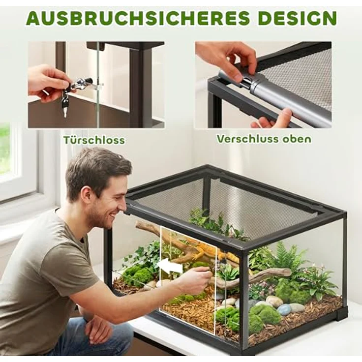 PawHut Glasterrarium für Reptilien, 60 x 45 x 32 cm, ausbruchsicherer Verschluss, belüftete Konstruktion, Schwarz – Bild 3