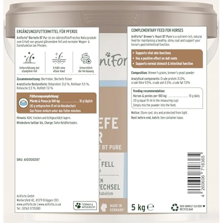 AniForte Bierhefe BT Pur, 5 kg Ergänzungsfuttermittel für Pferde, unterstützt Magen-Darm-Funktion und sorgt für glänzendes Fell – Bild 7