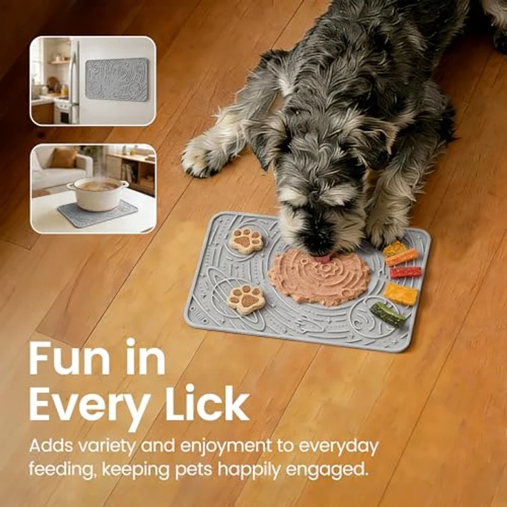 OHMO Schleckmatte, Leckmatte für Hunde und Katzen, 2er Set, Lebensmittelechtes Silikon, Hellgrau & Beige, Anti-Angst und langsame Fütterung – Bild 4