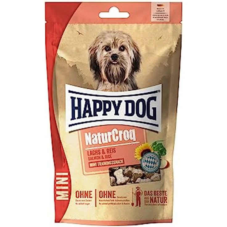 Happy Dog NaturCroq Mini Snack Lachs & Reis, 100g weich und zuckerfrei in Knochenform – Bild 1