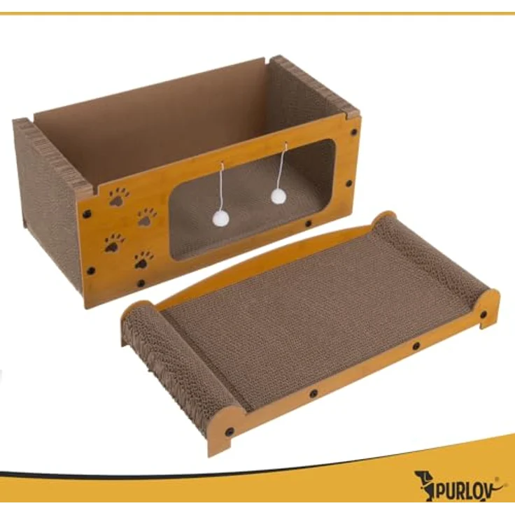 Purlov Katzen Kratzhaus 3-in-1, mit 2 Ebenen, HDF & extra fester Wellpappe, Liegeplatz + Kratzfläche + Spiel, stabil & rutschfest, für 1–2 Katzen, inkl. Bälle, 29,5×56×27 cm, Eco Design – Bild 3
