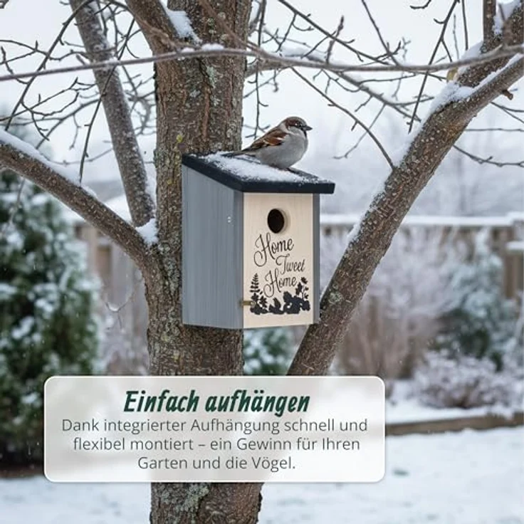 Relaxdays Nistkasten für Meisen und Spatzen, 32mm Einflugloch, Holz mit Reinigungsklappe, Vogelhaus zum Aufhängen, grau/schwarz – Bild 3