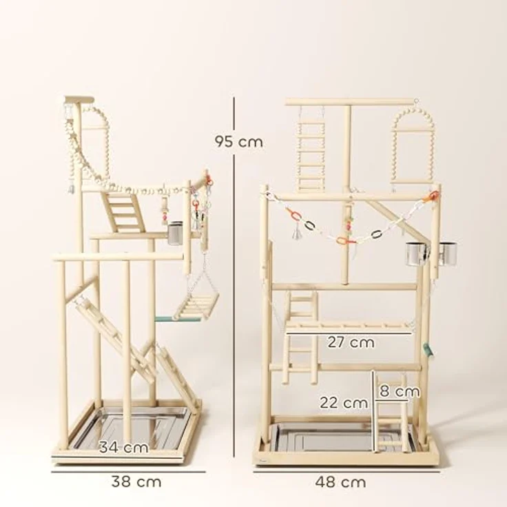 PawHut Vogelhaus mit Spielzeug, Naturholz, Edelstahlwanne für Nymphensittiche, Conures und Unzertrennliche – Bild 7