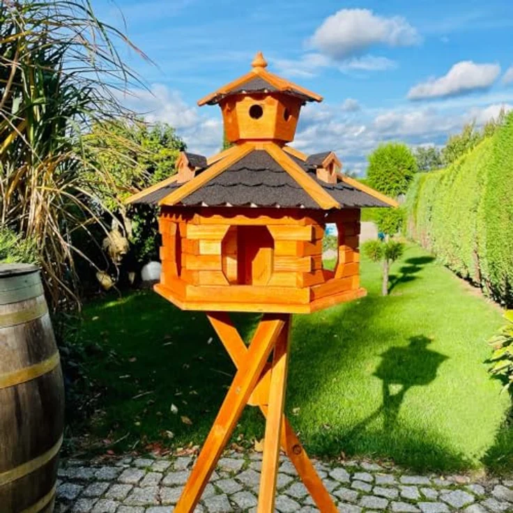 DARLUX handgefertigtes Sechseck Vogelhaus aus Holz, wetterfest XXL mit Ständer, schwarz-braun, Futterhaus mit Bitumschindeldach und Futterspender – Bild 3