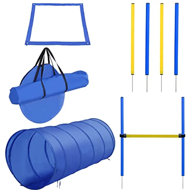 PawHut Agility Set Hunde, 5-teiliges Steckhürdenset mit höhenverstellbaren Hürden, Tunnel und Slalomstangen für Hundetraining und Spiele, Tragetasche inklusive – Bild 1