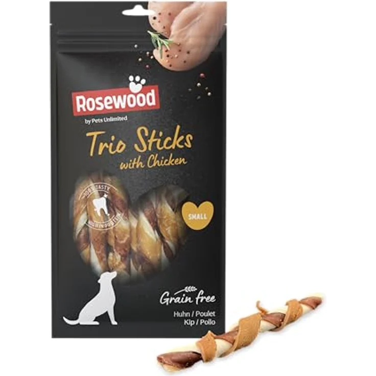 Rosewood Trio Sticks Huhn Small, Feste Kaustangen aus Rinderhaut für kleine Hunde, fördert die Zahngesundheit, ohne Getreide und Gluten, 6er Pack (6x100 g) – Bild 2