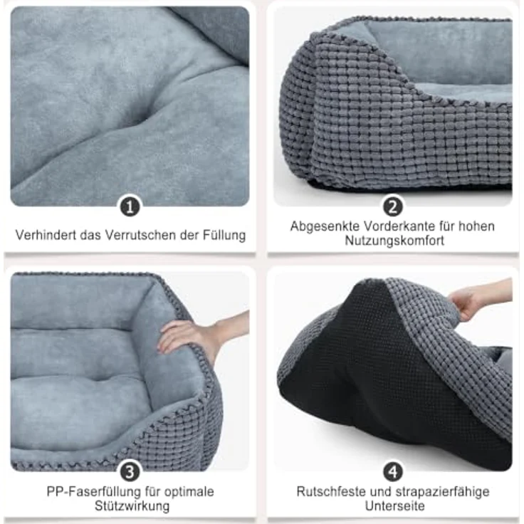 JOEJOY Hundebett M, Waschbarer Hundekorb mit erhöhtem Rand und rutschfester Unterseite, 63x53x20cm, Kord & Flanell – Bild 5