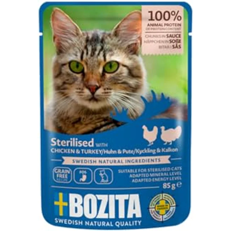 Bozita Sterilised Nassfutter Häppchen in Sauce mit Huhn & Pute, 12x85g getreidefreies & weizenfreies Katzenfutter, 8,5% Protein & 3,5% Fettgehalt – Bild 1