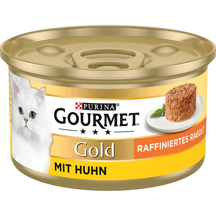 Gourmet Gold Raffiniertes Ragout, Katzen-Nassfutter, 48 x 85 g, Huhn in Soße, Alleinfutter für ausgewachsene Katzen