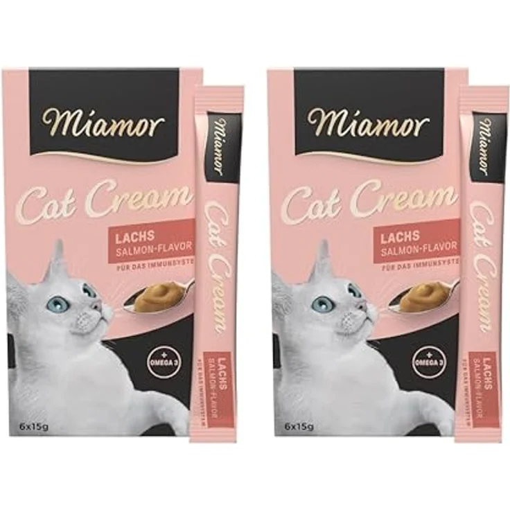 Miamor Cat Cream Lachs, leckerer Katzensnack mit Omega3 zur Unterstützung des Immunsystems, Doppelpack (2 Tafeln à 6x15g)