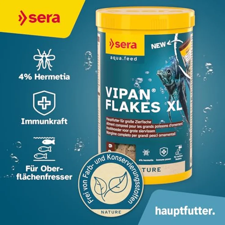 sera Vipan Nature Flakes XL 1L (210g) | Fischfutter für Zierfische mit 4% Insektenmehl | Naturnahe Ernährung für gesundes Wachstum | Formstabile Großflocken für klare Wasseroberfläche – Bild 2