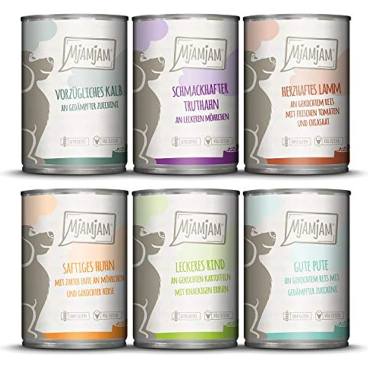 MjAMjAM Premium Nassfutter für Hunde Mixpaket II, 6er Pack (6 x 400 g) mit Huhn & Ente, Rind, Pute, Kalb, Truthahn, Lamm – naturbelassen, glutenfrei, hoher Fleischanteil – Bild 1