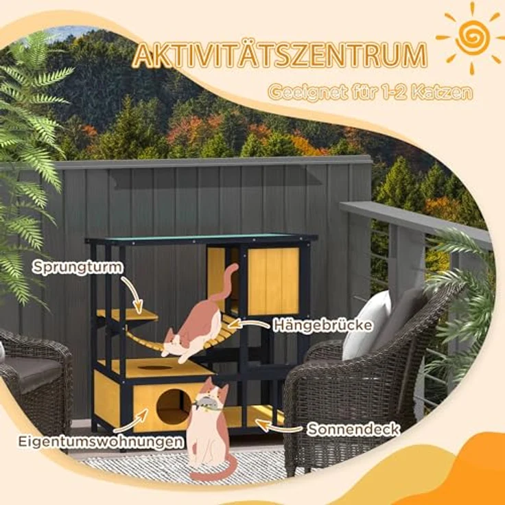 PawHut Katzenhaus aus Holz, Katzenvilla für draußen mit Hängebrücke, Balkon und wasserabweisendem Dach, für 1-2 Katzen bis 5 kg, Gelb – Bild 3
