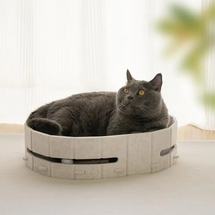 Lyveo Katzenbett mit Kratzbrett & Spielball, 3-in-1 Katzenzubehör für Selbstbeschäftigung, Beige, 43×34×11 cm – Bild 4