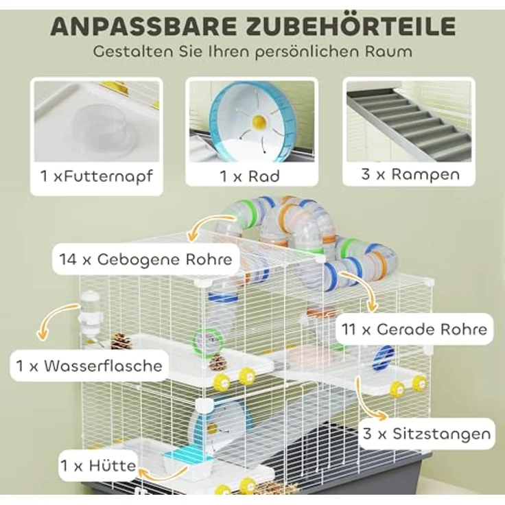 PawHut Hamsterkäfig 4 Etagen, Nagerkäfig mit Laufrad, Tunnel und Futternapf, grau, 78 x 45 x 73 cm für Syrischen Hamster – Bild 5