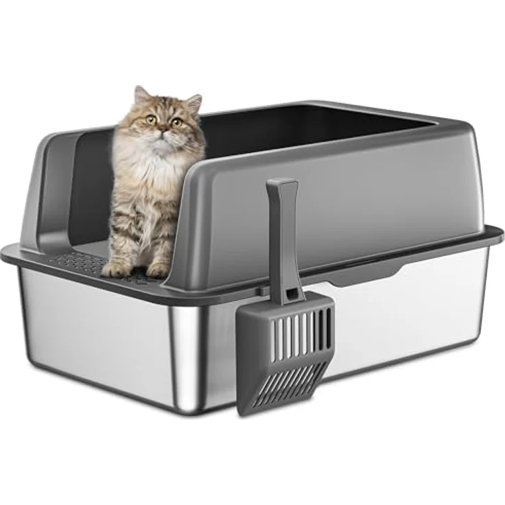 Zarler XL Edelstahl Katzenklo mit Deckel, 58x37x26cm - Hoher Rand, Antihaft-Oberfläche, Grau - Ideal für große Katzen und Mehrkatzenhaushalte – Bild 1