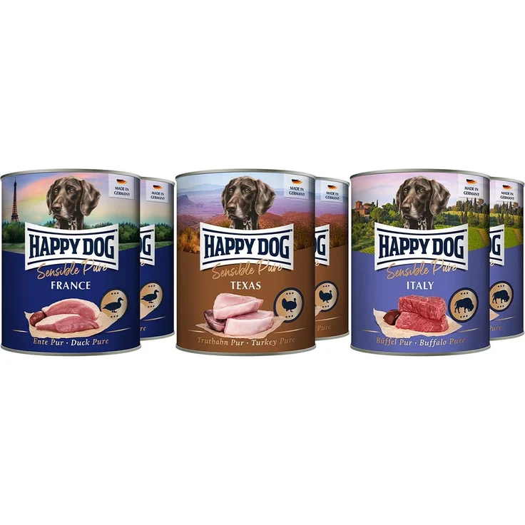 Happy Dog Sensible Pure Mischtray 6x800g, getreidefreies Nassfutter für ausgewachsene Hunde, Sorten: Truthahn, Büffel, Ente