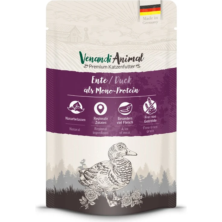 Venandi Animal Ente Monoprotein, Katzen-Nassfutter mit hohem Fleischanteil, 12x125g