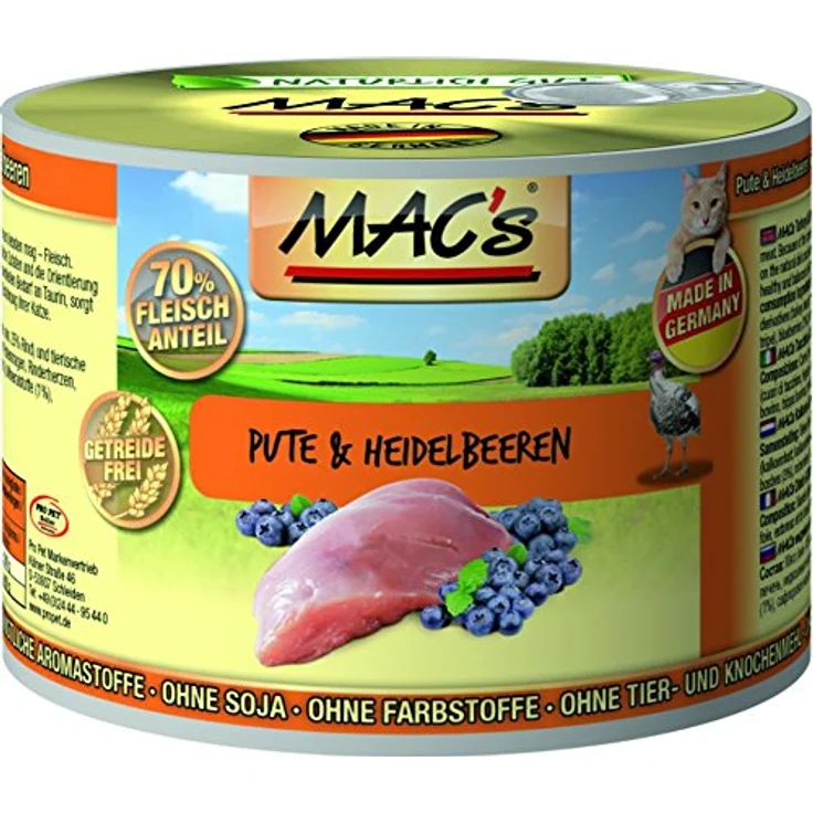 MAC's Cat Fleischmenü Pute, Rind und Heidelbeeren, 6x200g Katzen-Nassfutter für ein gesundes Geschmackserlebnis – Bild 2
