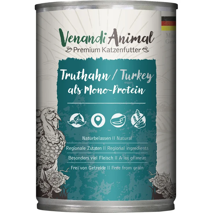 Venandi Animal Monoprotein Nassfutter, Sparpaket 24 x 400 g, Truthahn, getreidefrei, ohne Zuckerzusatz, in Deutschland hergestellt