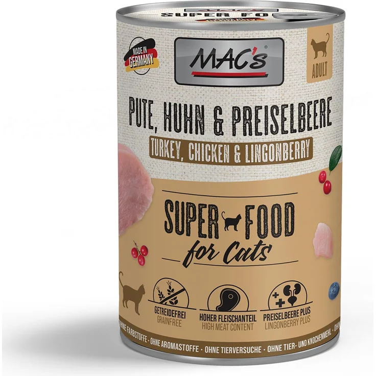 MAC's Cat Pute, Huhn und Preiselbeere, Katzen-Nassfutter, 6x400 g