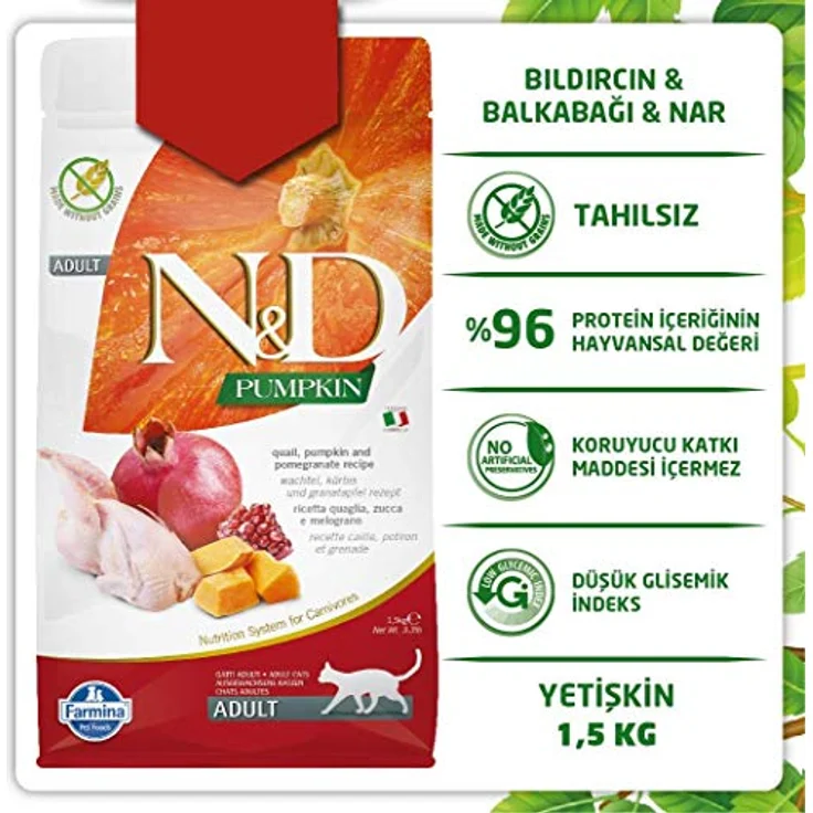 Farmina N&D Pumpkin Adult Pellets Katzenfutter, Trockenfutter ohne Mais mit Wachtel und Granatapfel, 1,5 kg – Bild 5