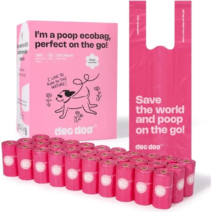 Deo Doo Hundekotbeutel, mit Henkel, Rose Duft, 360 Stück, 30 Rollen, aus recyceltem Material, 50% Speisestärke, auslaufsicher – Bild 1