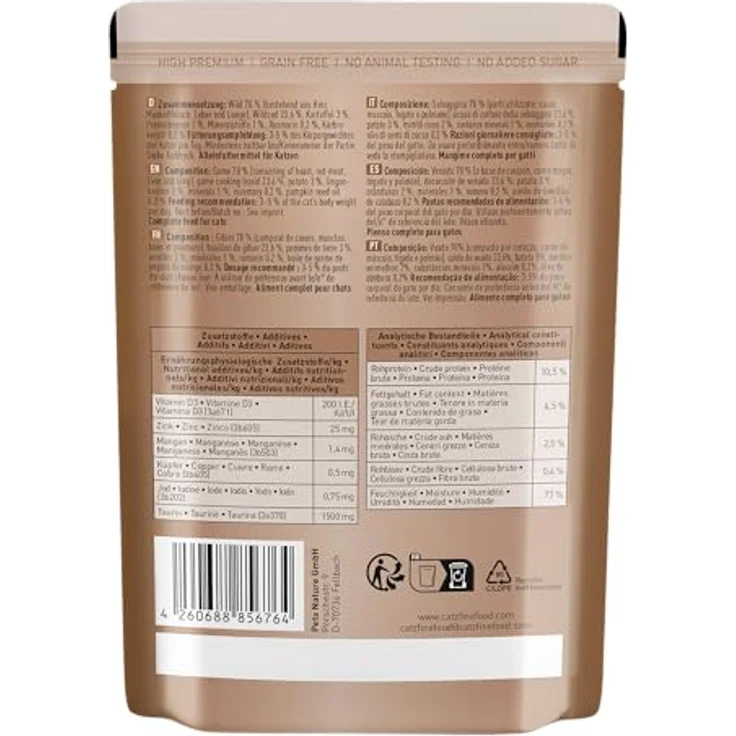 catz finefood Classic N° 9 Wild, Premium Nassfutter für Katzen, 70% Wildanteil, ohne Getreide und Zucker, 6 x 300g Beutel – Bild 2