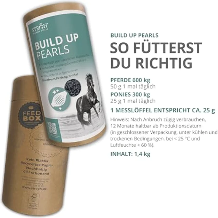 STRÖH Build Up Pearls, Pferdefutter für Muskelaufbau & Kondition, Aminosäuren-Komplex mit Vitaminen, 1,4 kg Feedbox Dose – Bild 4
