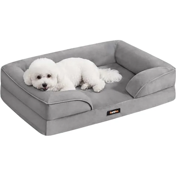 Feandrea Orthopädisches Hundebett M, 76 x 51 x 16 cm, erhöhter Rand, Noppenschaumstoff, abnehmbarer Bezug, waschbar, rutschfest, wasserabweisend, Taubengrau