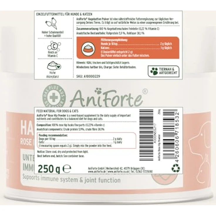 AniForte Hagebuttenpulver 250 g, 100% natürliches Ergänzungsfutter mit hohem Vitamin C-Gehalt zur Unterstützung von Gelenkfunktion und Immunsystem für Hunde und Katzen – Bild 8