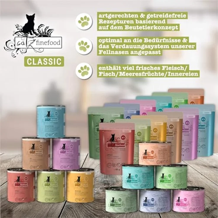 catz finefood N° 5 Lachs & Geflügel Feinkost Katzenfutter nass, 36% Lachs, verfeinert mit Spinat & Tomate, 6 x 400g Dosen – Bild 3