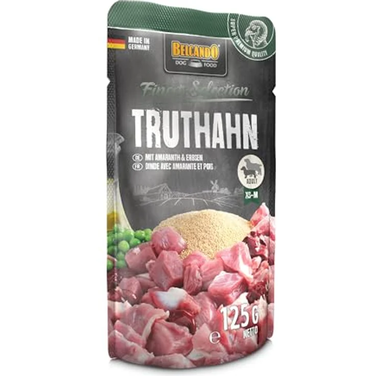 BELCANDO Frischebeutel, 12x125g Truthahn mit Amaranth & Erbsen, Nassfutter für Hunde, Alleinfuttermittel im Einzelportionsbeutel, ohne künstliche Zusatzstoffe – Bild 2