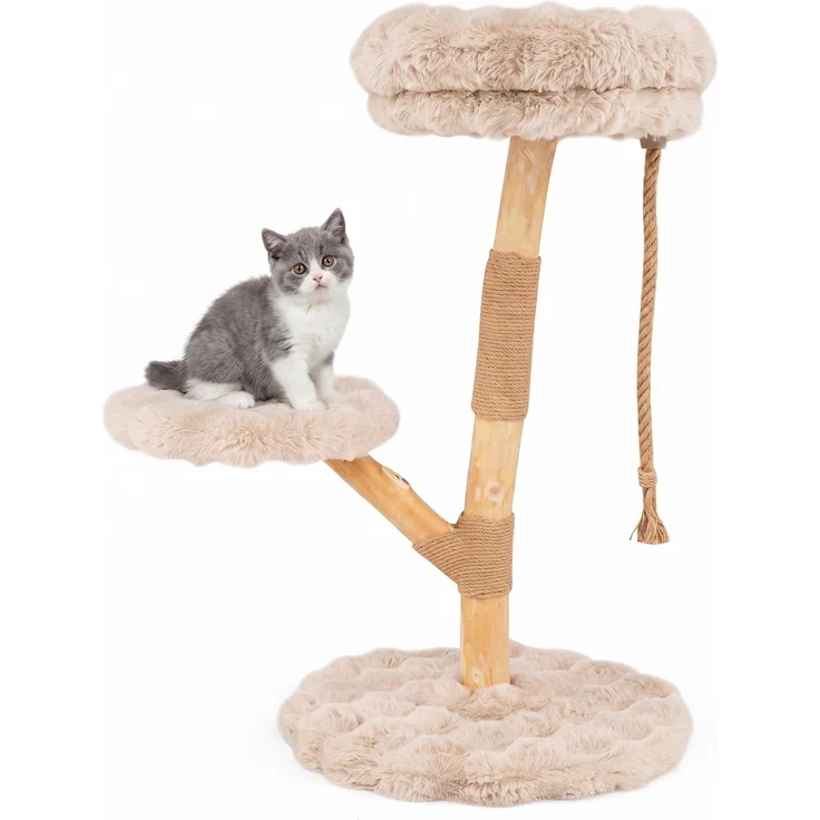 KOMFOTTEU Birnbaum Katzenbaum, Mehrstufiger Katzenturm mit Kratzbäumen, Gemütlichem Sitzplatz und Hängeseil, Natur/Grau/Beige, für Wohnungskatzen und Kätzchen
