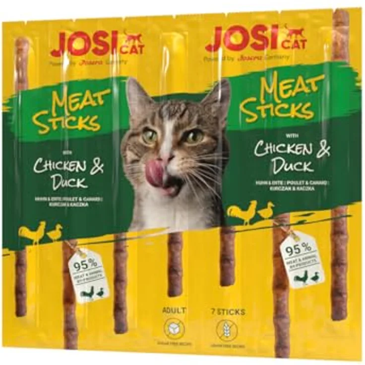 JosiCat Meat Sticks Huhn & Ente, Premium Katzensnack für ausgewachsene Katzen, zuckerfrei & getreidefrei, 20 x 35 g (140 Sticks)