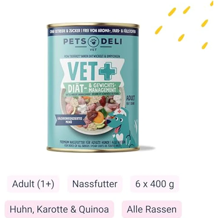 Pets Deli Vet Diät & Gewichtsmanagement Hundenassfutter Huhn, Karotte & Quinoa, kalorienreduziert, getreidefrei, ohne Zucker, für übergewichtige Hunde, 6x400g, Premium Qualität – Bild 2