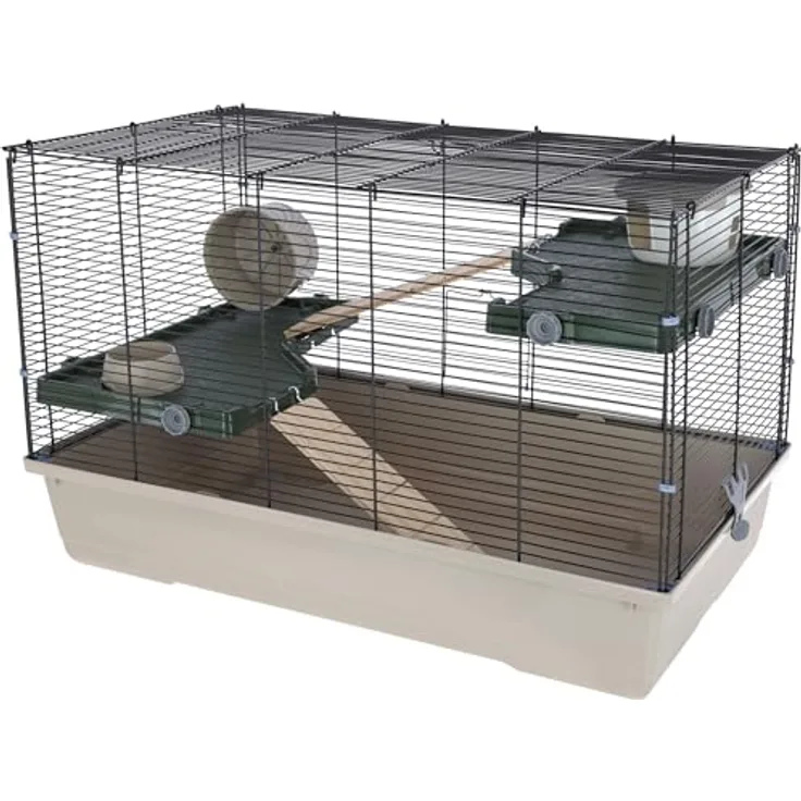Kerbl Pet Kleintierkäfig Flat Nature, Hamsterkäfig in Taupe, dunkelgrün und schwarz, 80x45x51cm, mit Häuschen, Futternapf und 3 Etagen für Hamster, Mäuse und Ratten